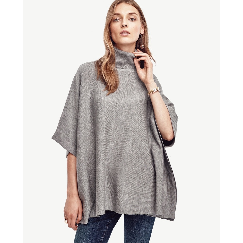 Ann Taylor Heathered Grey Extrafine Merino Wool Turtleneck Poncho M/L